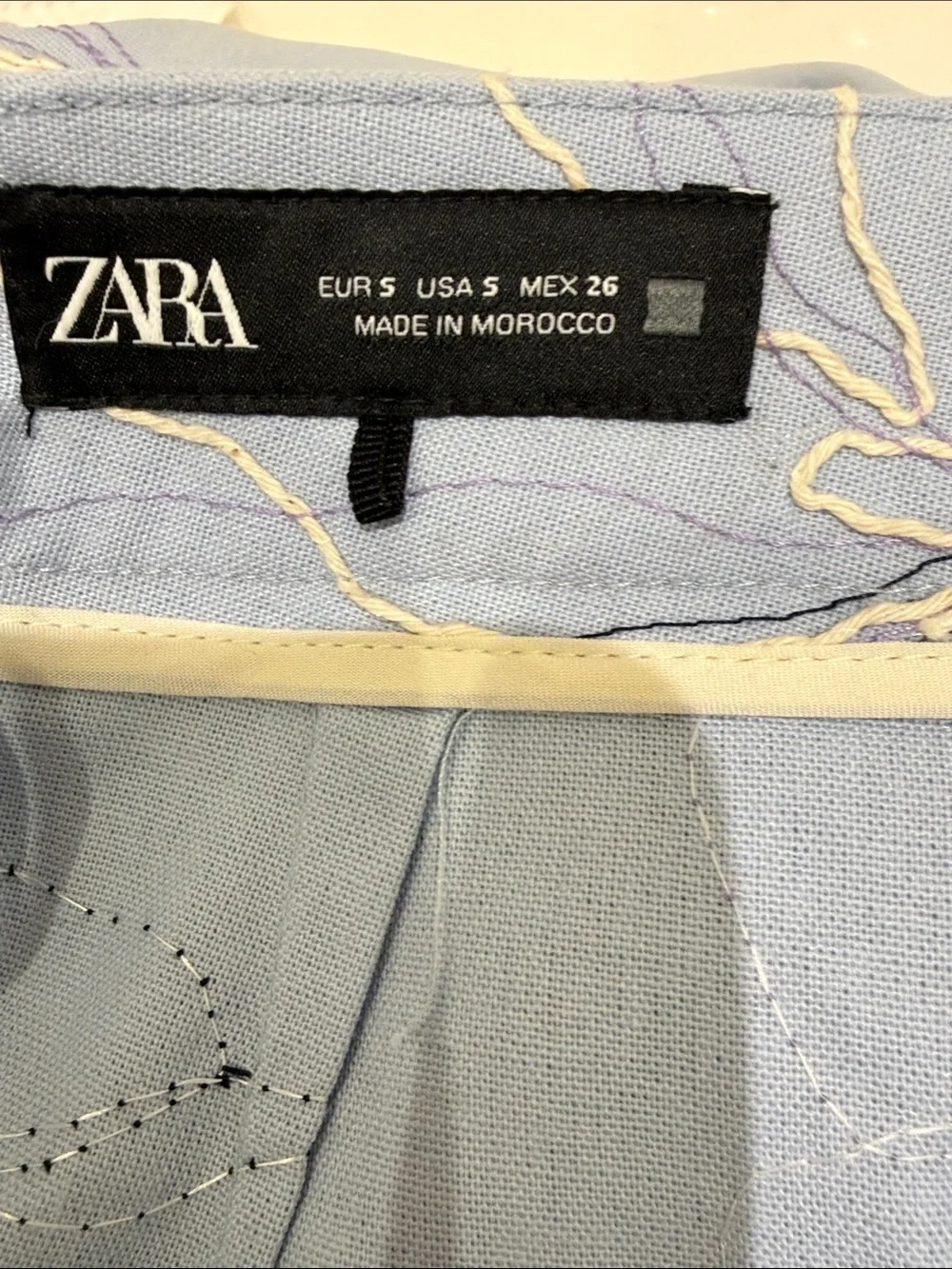 Zara Light Blue Floral Embroidered Linen Blend Ankle Pants High Rise size Small